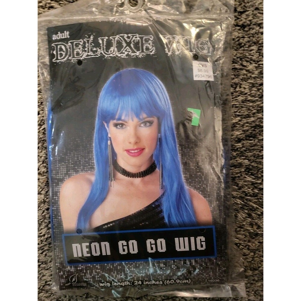 NOS Neon Go Go Wig 24" Blue Halloween Coplay Night Out Big Fun! Long Straight
